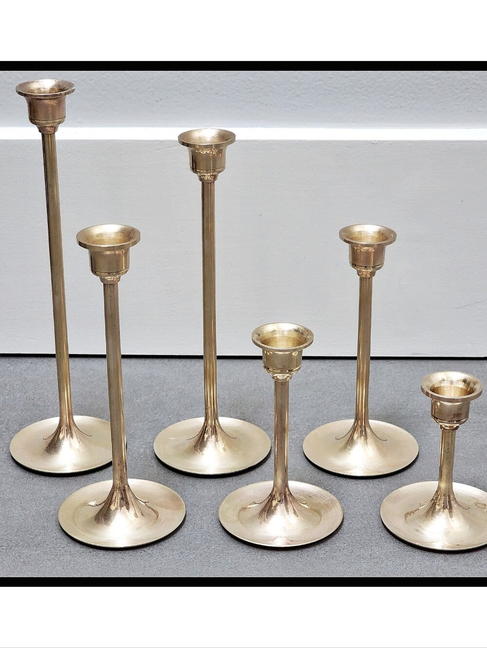 Set Of 6 MCM Vintage Solid Brass Stem Taper Candlestick Holders Graduated Height